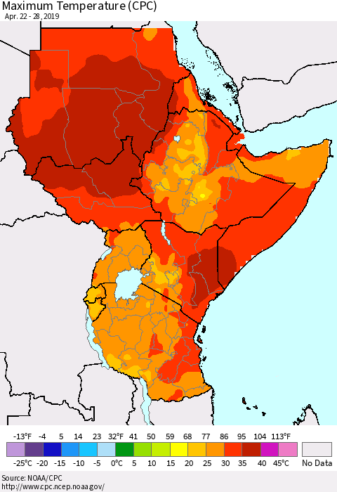 Eastern Africa Mean Maximum Temperature (CPC) Thematic Map For 4/22/2019 - 4/28/2019
