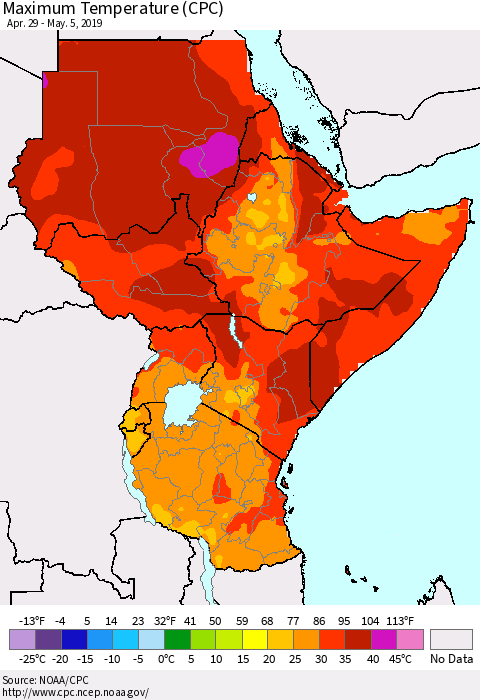 Eastern Africa Mean Maximum Temperature (CPC) Thematic Map For 4/29/2019 - 5/5/2019