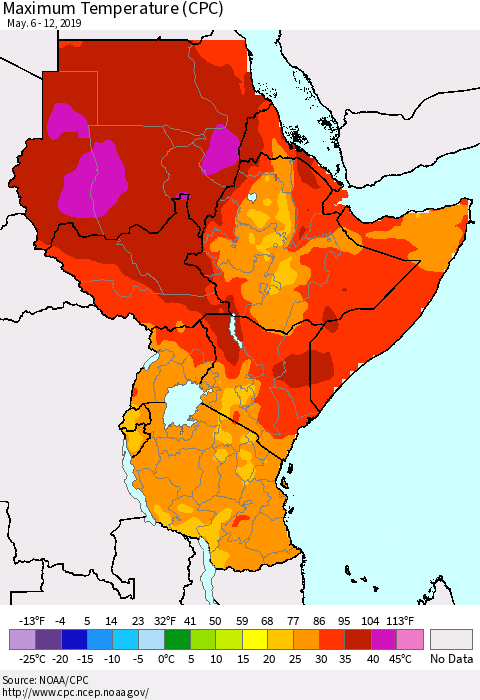 Eastern Africa Mean Maximum Temperature (CPC) Thematic Map For 5/6/2019 - 5/12/2019