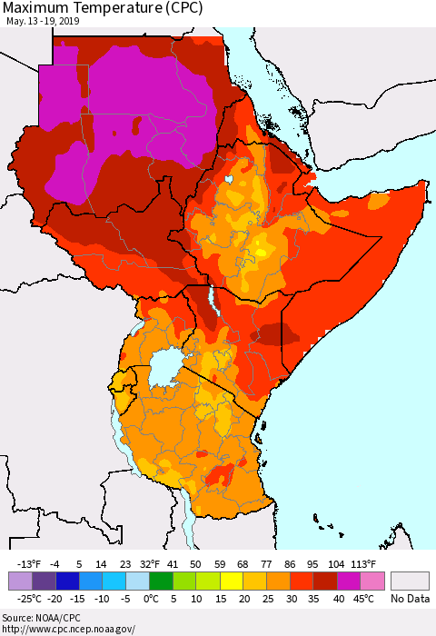 Eastern Africa Mean Maximum Temperature (CPC) Thematic Map For 5/13/2019 - 5/19/2019