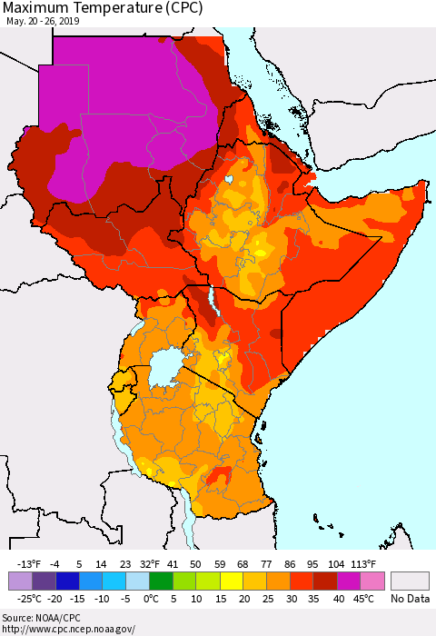 Eastern Africa Mean Maximum Temperature (CPC) Thematic Map For 5/20/2019 - 5/26/2019