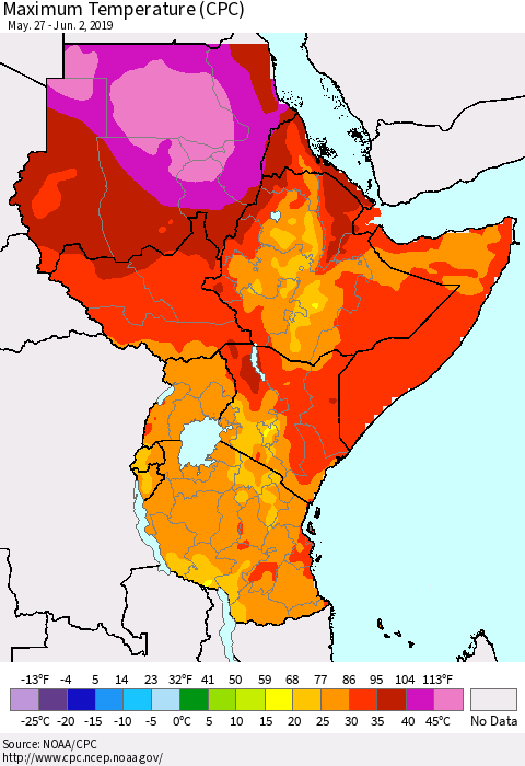 Eastern Africa Mean Maximum Temperature (CPC) Thematic Map For 5/27/2019 - 6/2/2019