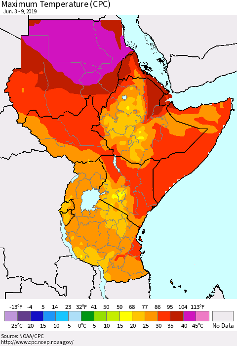 Eastern Africa Mean Maximum Temperature (CPC) Thematic Map For 6/3/2019 - 6/9/2019