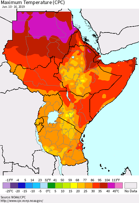 Eastern Africa Mean Maximum Temperature (CPC) Thematic Map For 6/10/2019 - 6/16/2019