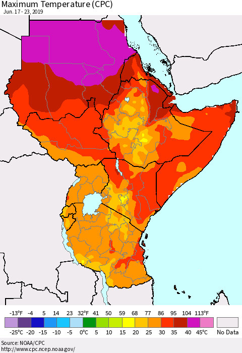 Eastern Africa Mean Maximum Temperature (CPC) Thematic Map For 6/17/2019 - 6/23/2019