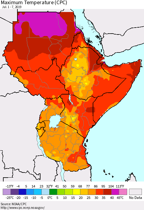 Eastern Africa Mean Maximum Temperature (CPC) Thematic Map For 7/1/2019 - 7/7/2019