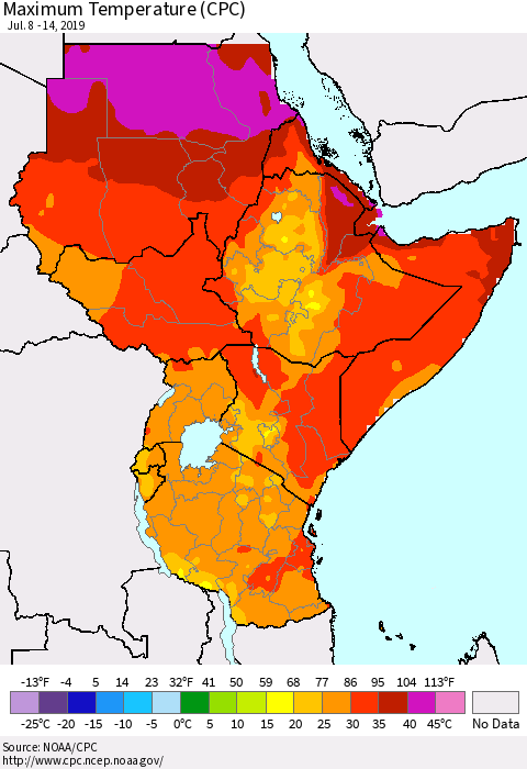 Eastern Africa Mean Maximum Temperature (CPC) Thematic Map For 7/8/2019 - 7/14/2019