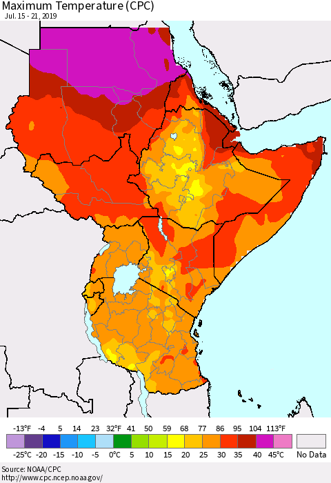 Eastern Africa Mean Maximum Temperature (CPC) Thematic Map For 7/15/2019 - 7/21/2019