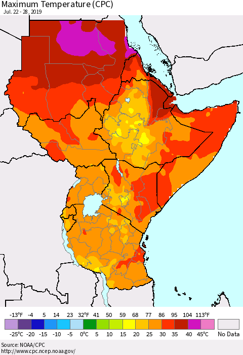 Eastern Africa Mean Maximum Temperature (CPC) Thematic Map For 7/22/2019 - 7/28/2019