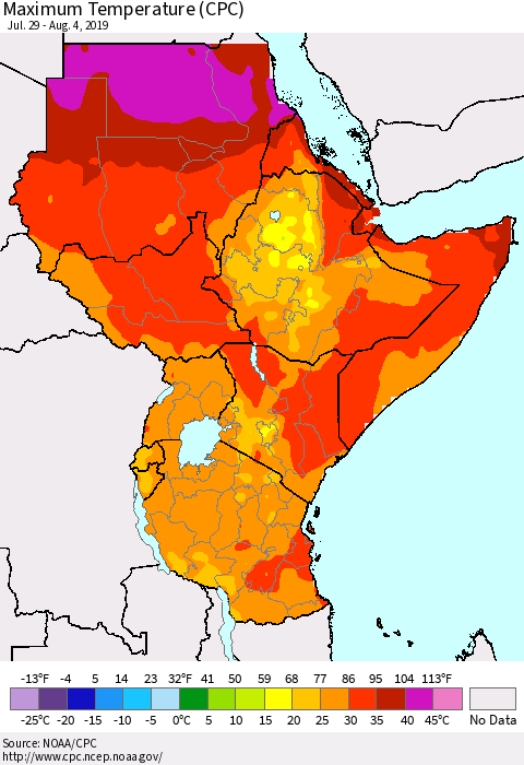 Eastern Africa Mean Maximum Temperature (CPC) Thematic Map For 7/29/2019 - 8/4/2019
