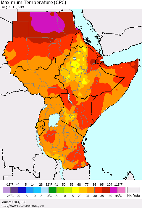 Eastern Africa Mean Maximum Temperature (CPC) Thematic Map For 8/5/2019 - 8/11/2019