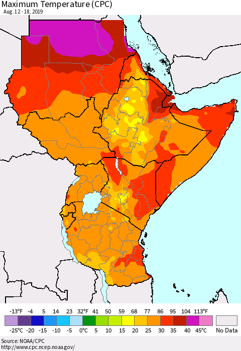 Eastern Africa Mean Maximum Temperature (CPC) Thematic Map For 8/12/2019 - 8/18/2019