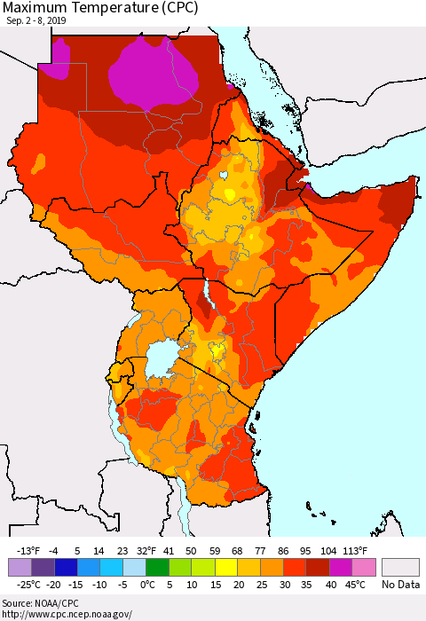 Eastern Africa Mean Maximum Temperature (CPC) Thematic Map For 9/2/2019 - 9/8/2019