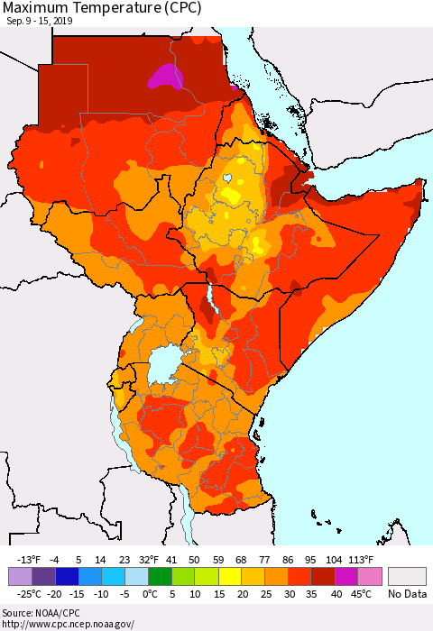 Eastern Africa Mean Maximum Temperature (CPC) Thematic Map For 9/9/2019 - 9/15/2019