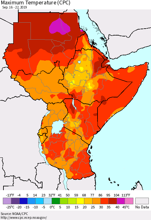 Eastern Africa Mean Maximum Temperature (CPC) Thematic Map For 9/16/2019 - 9/22/2019