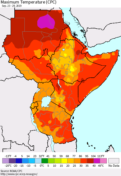 Eastern Africa Mean Maximum Temperature (CPC) Thematic Map For 9/23/2019 - 9/29/2019