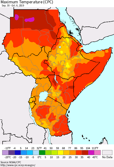 Eastern Africa Mean Maximum Temperature (CPC) Thematic Map For 9/30/2019 - 10/6/2019