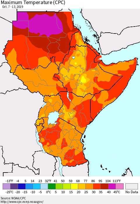 Eastern Africa Mean Maximum Temperature (CPC) Thematic Map For 10/7/2019 - 10/13/2019