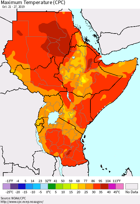 Eastern Africa Mean Maximum Temperature (CPC) Thematic Map For 10/21/2019 - 10/27/2019