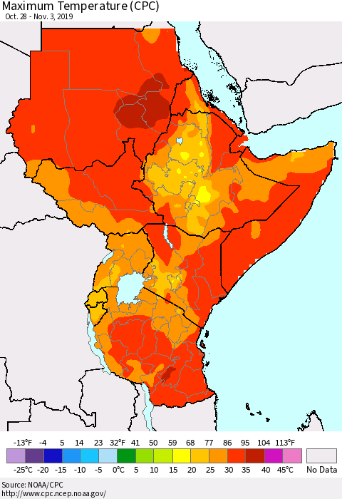 Eastern Africa Mean Maximum Temperature (CPC) Thematic Map For 10/28/2019 - 11/3/2019