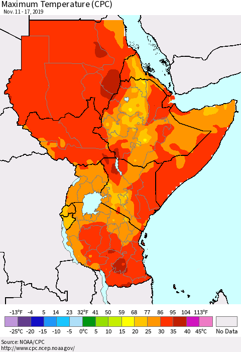 Eastern Africa Mean Maximum Temperature (CPC) Thematic Map For 11/11/2019 - 11/17/2019