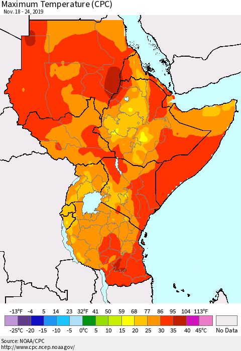 Eastern Africa Mean Maximum Temperature (CPC) Thematic Map For 11/18/2019 - 11/24/2019
