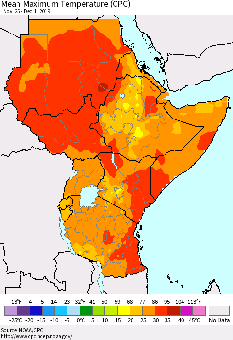 Eastern Africa Mean Maximum Temperature (CPC) Thematic Map For 11/25/2019 - 12/1/2019
