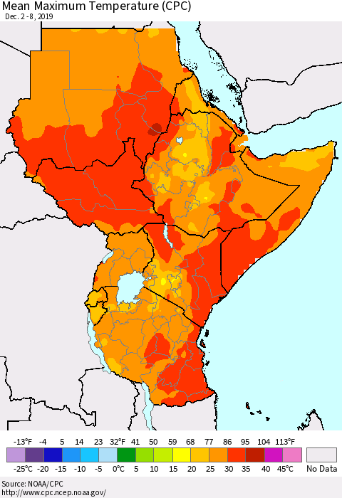Eastern Africa Mean Maximum Temperature (CPC) Thematic Map For 12/2/2019 - 12/8/2019