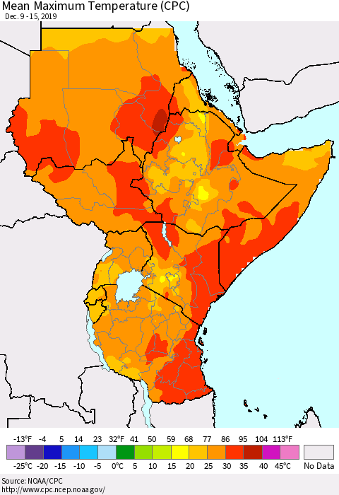 Eastern Africa Mean Maximum Temperature (CPC) Thematic Map For 12/9/2019 - 12/15/2019