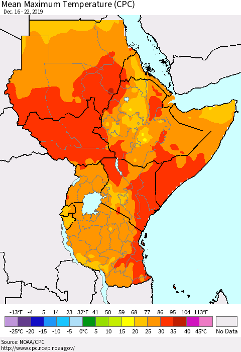 Eastern Africa Mean Maximum Temperature (CPC) Thematic Map For 12/16/2019 - 12/22/2019