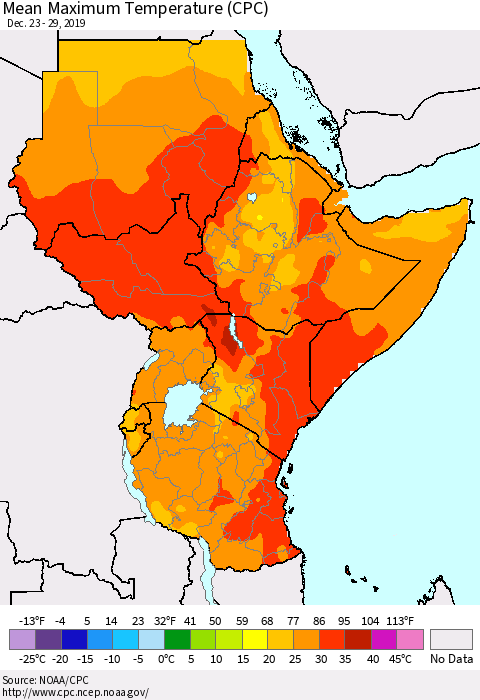 Eastern Africa Mean Maximum Temperature (CPC) Thematic Map For 12/23/2019 - 12/29/2019