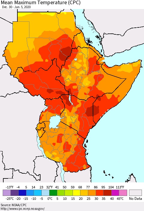 Eastern Africa Mean Maximum Temperature (CPC) Thematic Map For 12/30/2019 - 1/5/2020