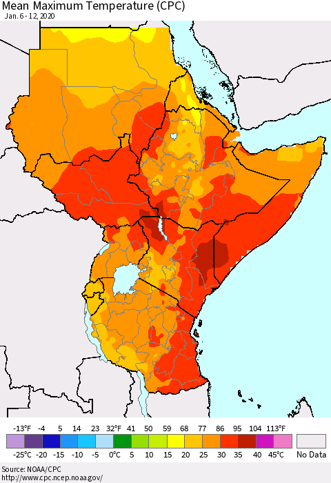 Eastern Africa Mean Maximum Temperature (CPC) Thematic Map For 1/6/2020 - 1/12/2020