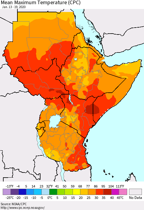 Eastern Africa Mean Maximum Temperature (CPC) Thematic Map For 1/13/2020 - 1/19/2020