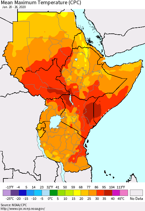 Eastern Africa Mean Maximum Temperature (CPC) Thematic Map For 1/20/2020 - 1/26/2020