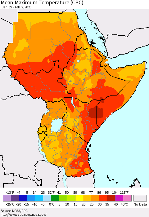 Eastern Africa Mean Maximum Temperature (CPC) Thematic Map For 1/27/2020 - 2/2/2020