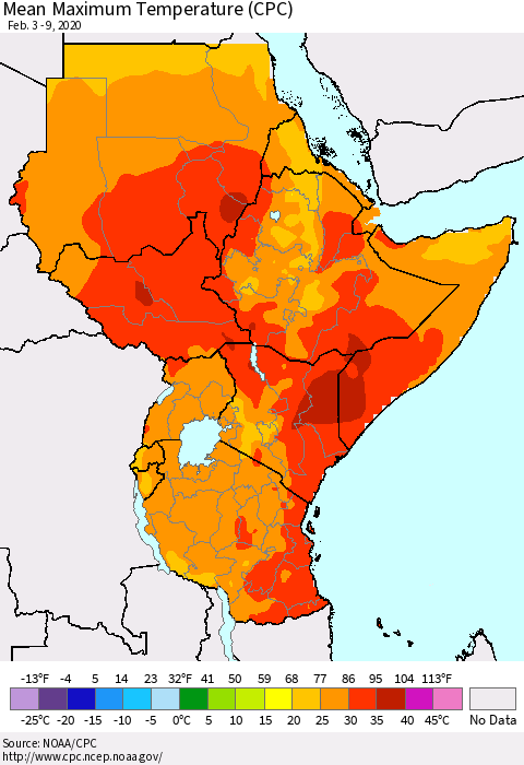 Eastern Africa Mean Maximum Temperature (CPC) Thematic Map For 2/3/2020 - 2/9/2020