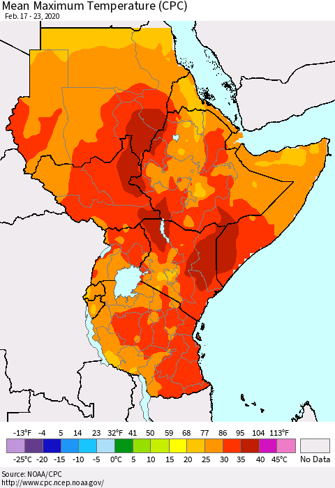Eastern Africa Mean Maximum Temperature (CPC) Thematic Map For 2/17/2020 - 2/23/2020
