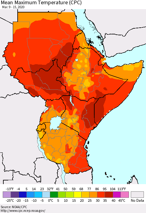 Eastern Africa Mean Maximum Temperature (CPC) Thematic Map For 3/9/2020 - 3/15/2020