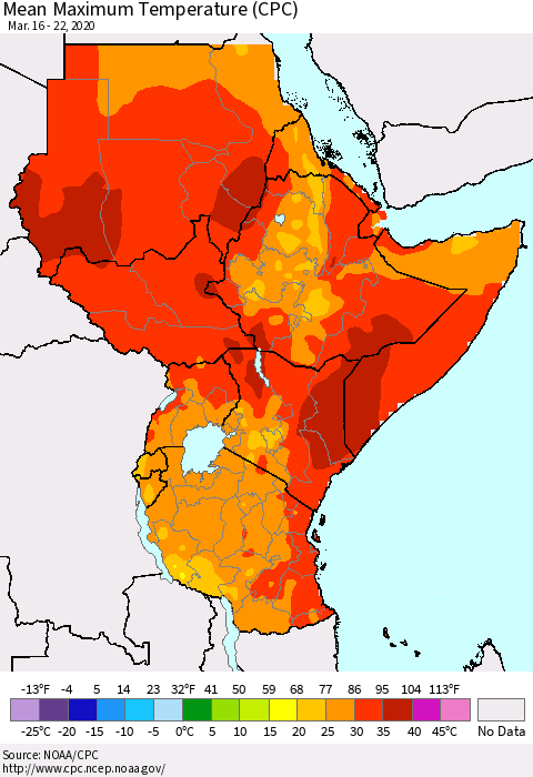 Eastern Africa Mean Maximum Temperature (CPC) Thematic Map For 3/16/2020 - 3/22/2020