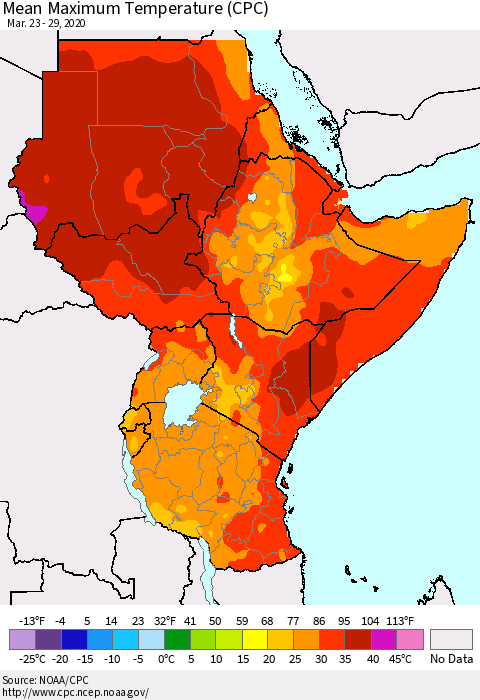Eastern Africa Mean Maximum Temperature (CPC) Thematic Map For 3/23/2020 - 3/29/2020