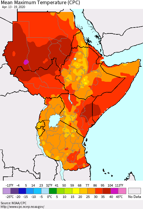 Eastern Africa Mean Maximum Temperature (CPC) Thematic Map For 4/13/2020 - 4/19/2020