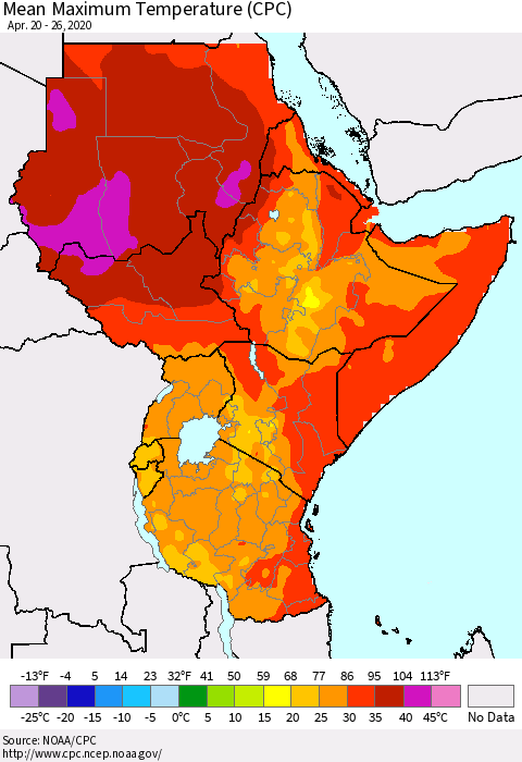 Eastern Africa Mean Maximum Temperature (CPC) Thematic Map For 4/20/2020 - 4/26/2020