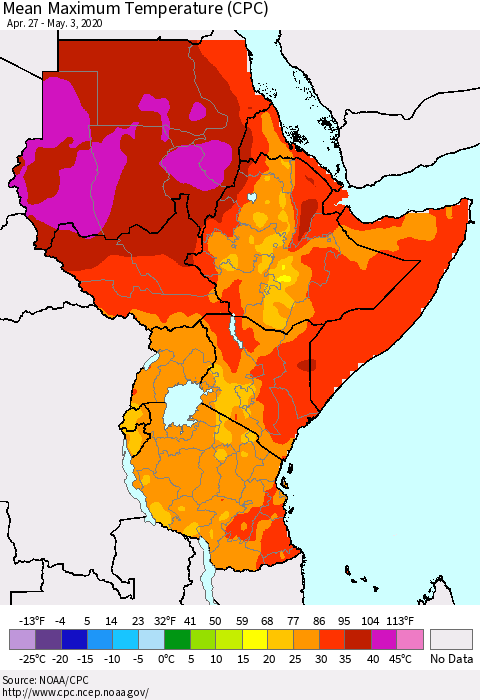 Eastern Africa Mean Maximum Temperature (CPC) Thematic Map For 4/27/2020 - 5/3/2020