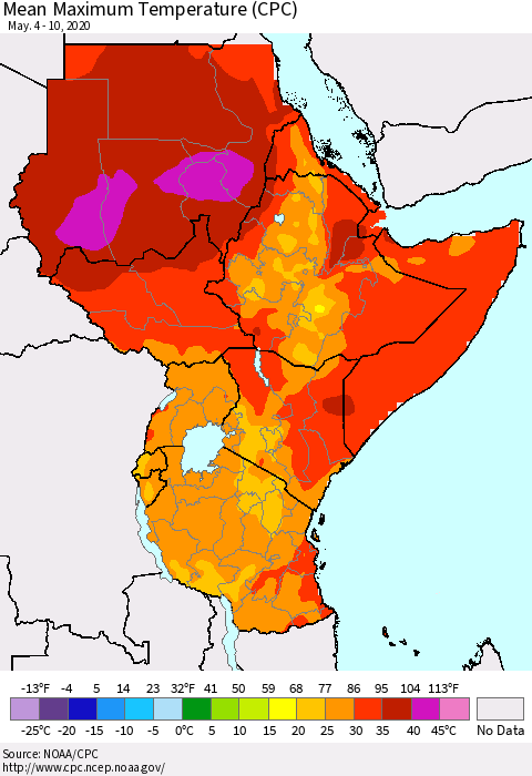 Eastern Africa Mean Maximum Temperature (CPC) Thematic Map For 5/4/2020 - 5/10/2020