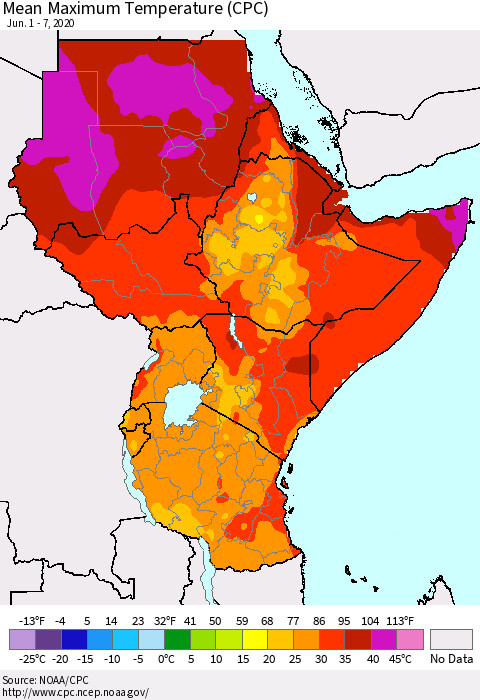 Eastern Africa Mean Maximum Temperature (CPC) Thematic Map For 6/1/2020 - 6/7/2020