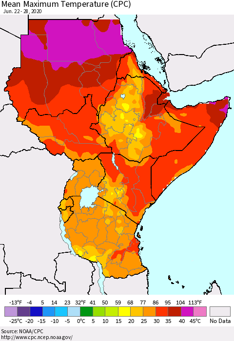 Eastern Africa Mean Maximum Temperature (CPC) Thematic Map For 6/22/2020 - 6/28/2020