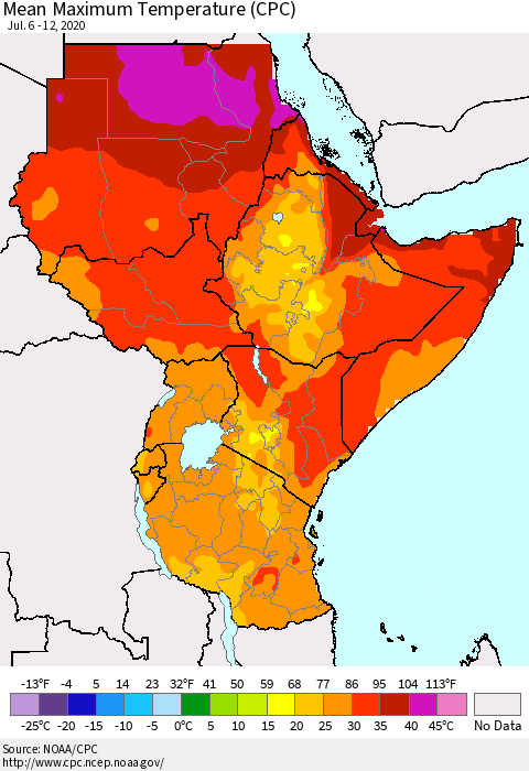 Eastern Africa Mean Maximum Temperature (CPC) Thematic Map For 7/6/2020 - 7/12/2020