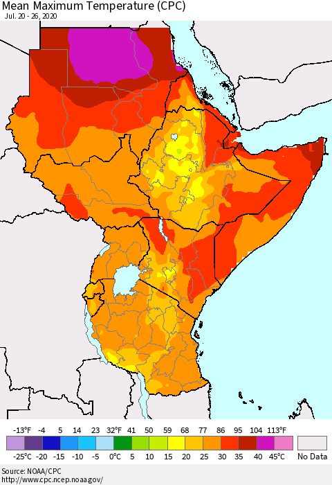 Eastern Africa Mean Maximum Temperature (CPC) Thematic Map For 7/20/2020 - 7/26/2020