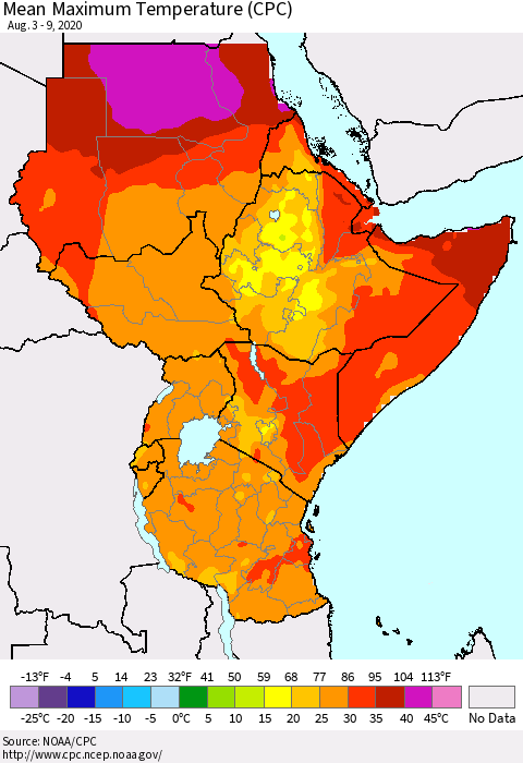 Eastern Africa Mean Maximum Temperature (CPC) Thematic Map For 8/3/2020 - 8/9/2020